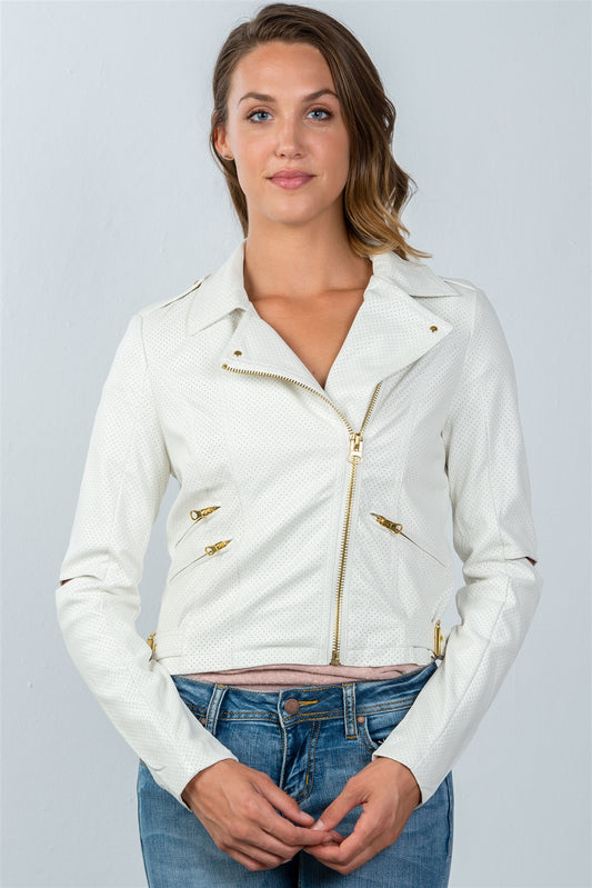 Ladies fashion white perforated elbow cut-out moto jacket