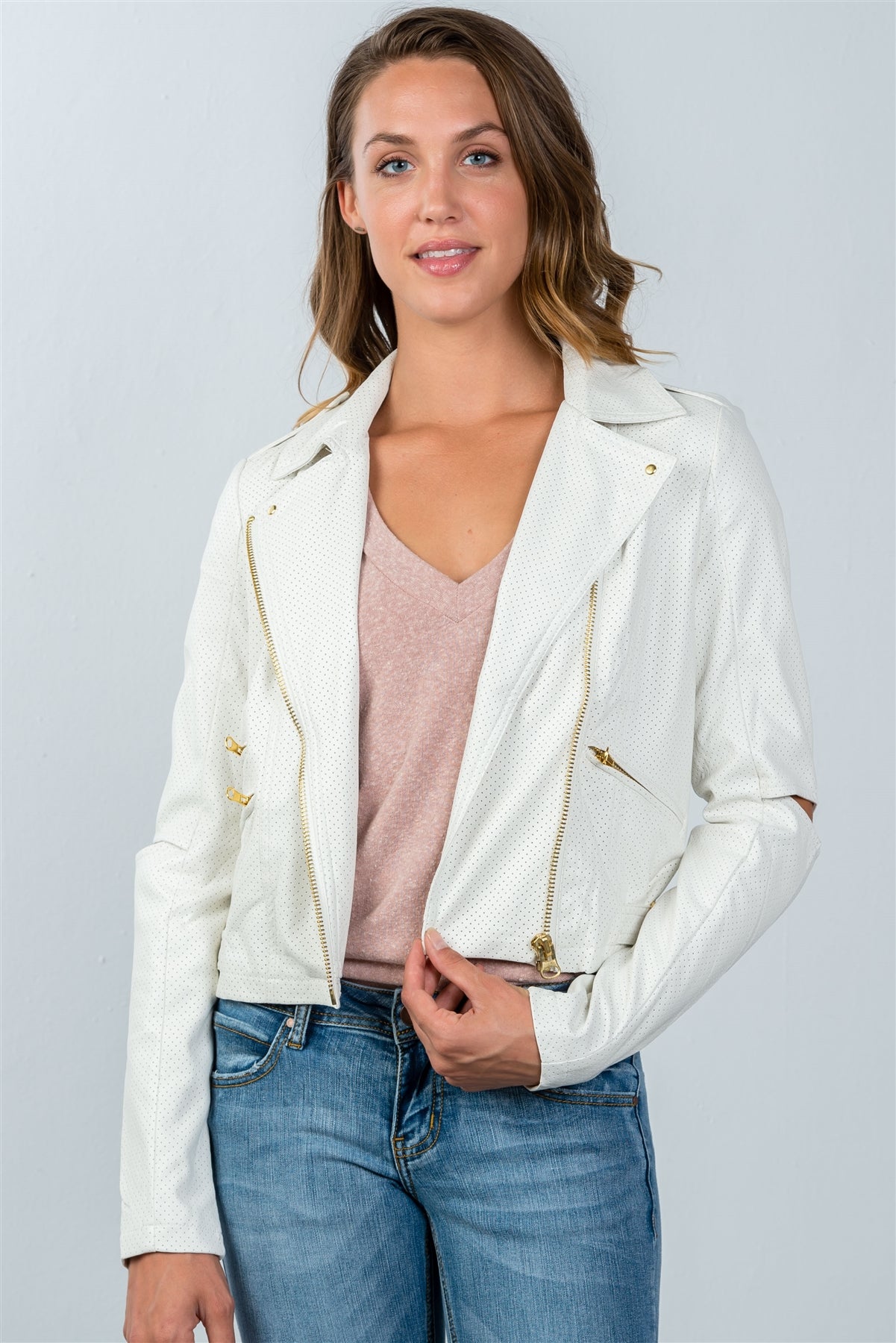 Ladies fashion white perforated elbow cut-out moto jacket
