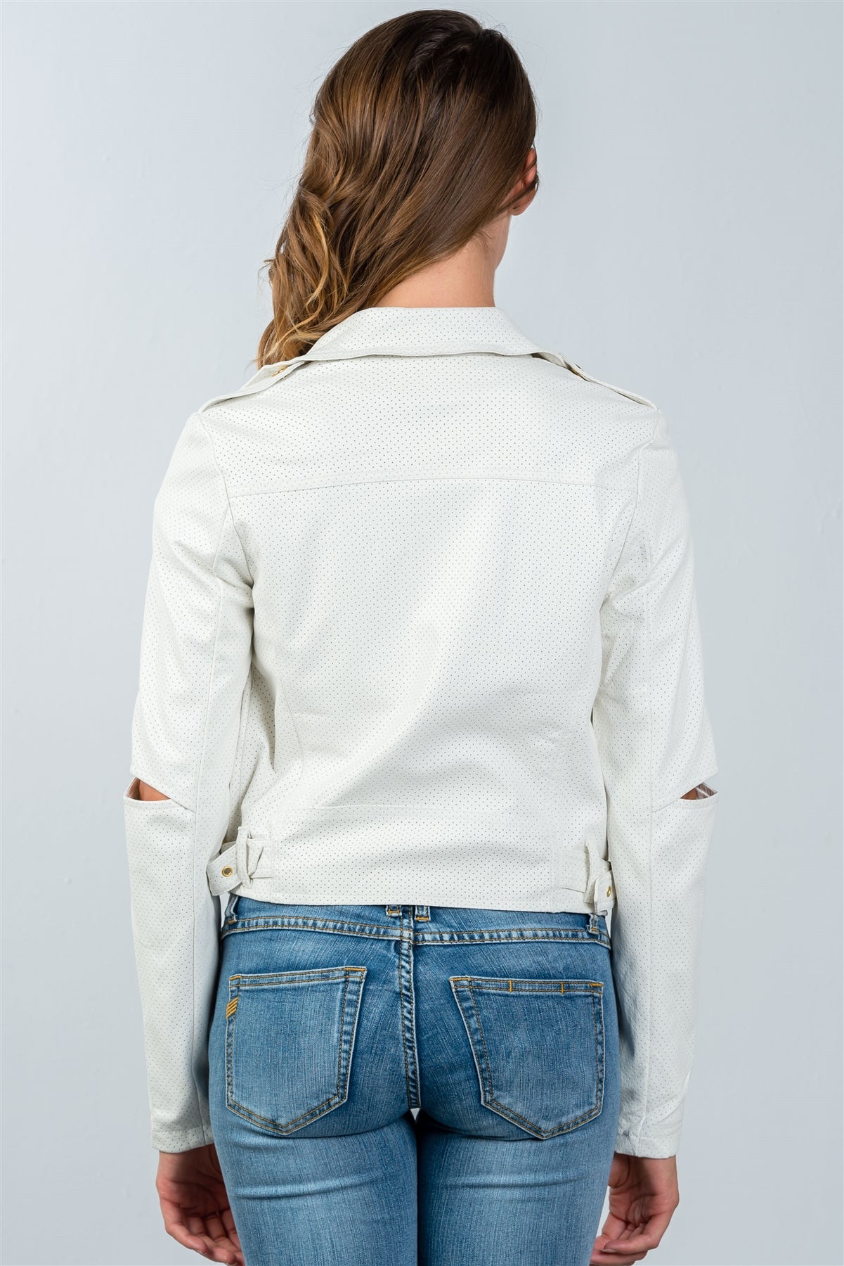 Ladies fashion white perforated elbow cut-out moto jacket