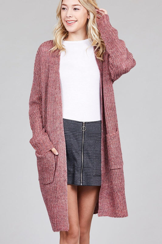 Ladies fashion dolmen sleeve open front w/patch pocket marled sweater cardigan