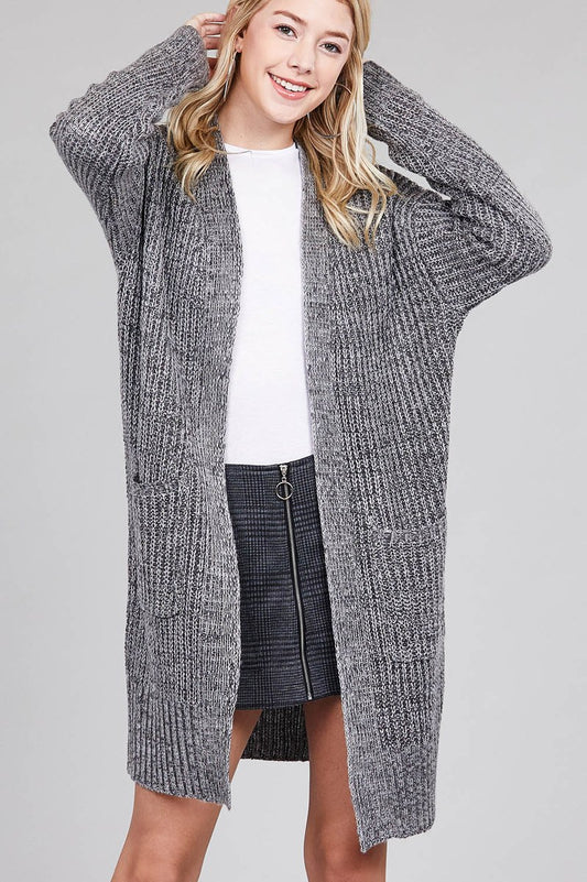 Ladies fashion dolmen sleeve open front w/patch pocket marled sweater cardigan