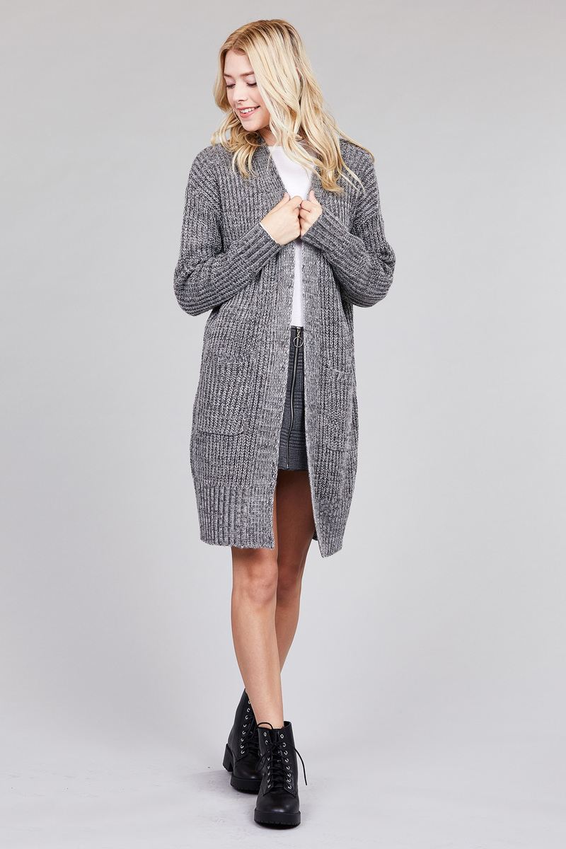 Ladies fashion dolmen sleeve open front w/patch pocket marled sweater cardigan