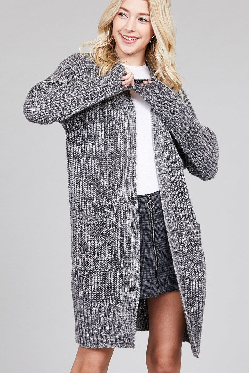 Ladies fashion dolmen sleeve open front w/patch pocket marled sweater cardigan