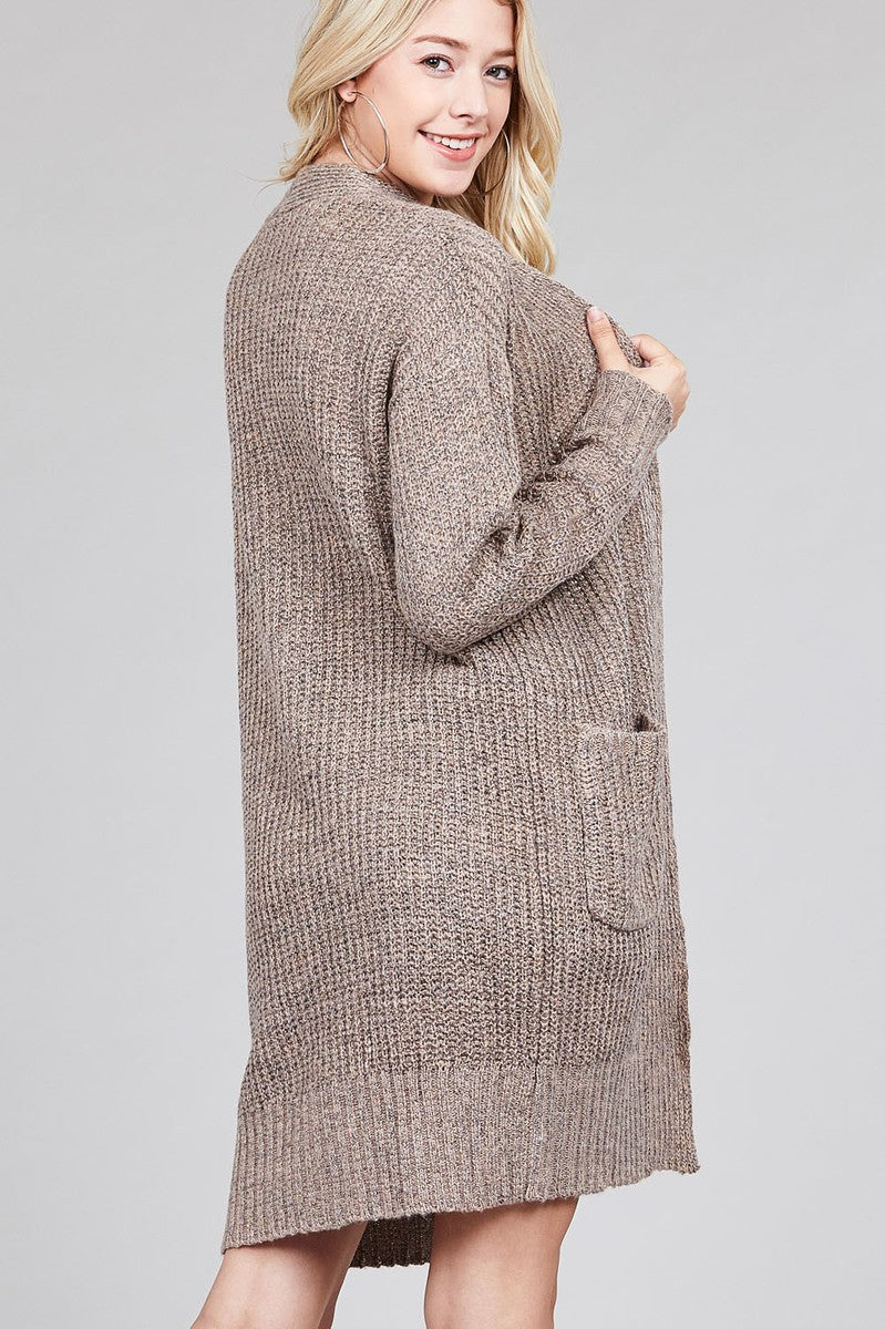 Ladies fashion dolmen sleeve open front w/patch pocket marled sweater cardigan