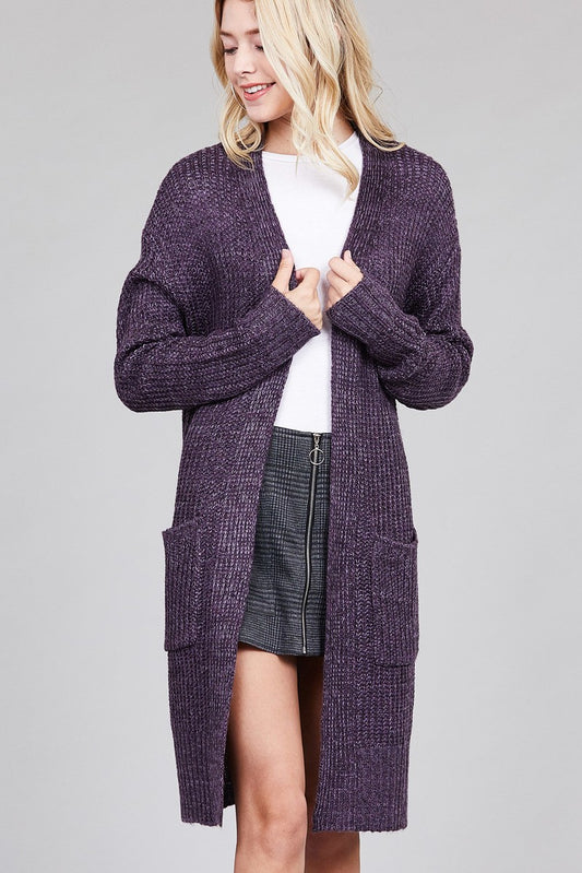 Ladies fashion dolmen sleeve open front w/patch pocket marled sweater cardigan