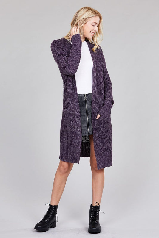 Ladies fashion dolmen sleeve open front w/patch pocket marled sweater cardigan