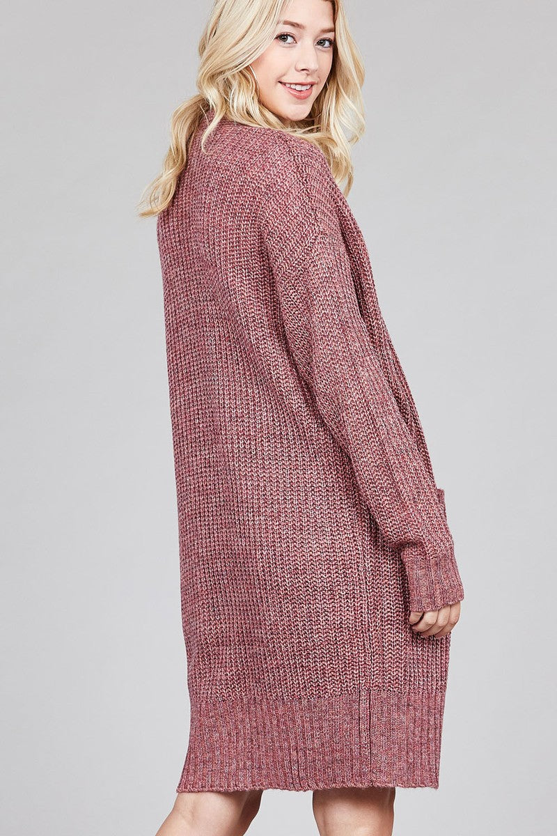Ladies fashion dolmen sleeve open front w/patch pocket marled sweater cardigan