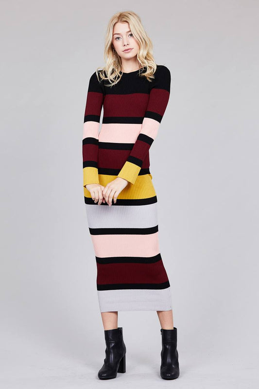 Ladies fashion long sleeve round neck color block long knit dress