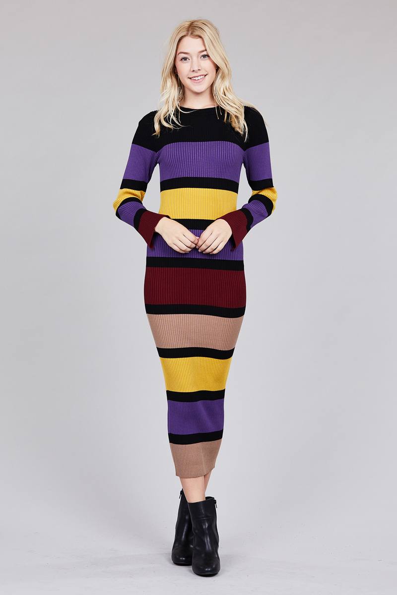 Ladies fashion long sleeve round neck color block long knit dress