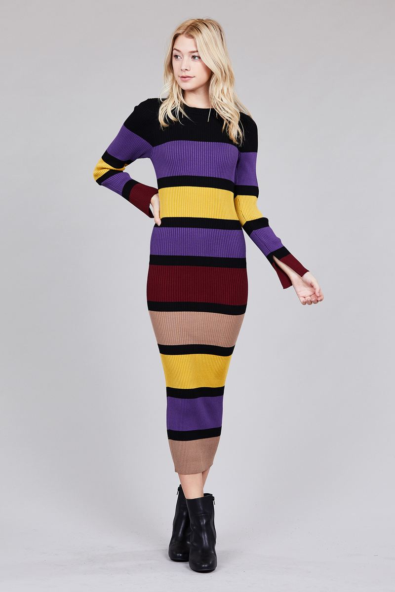 Ladies fashion long sleeve round neck color block long knit dress