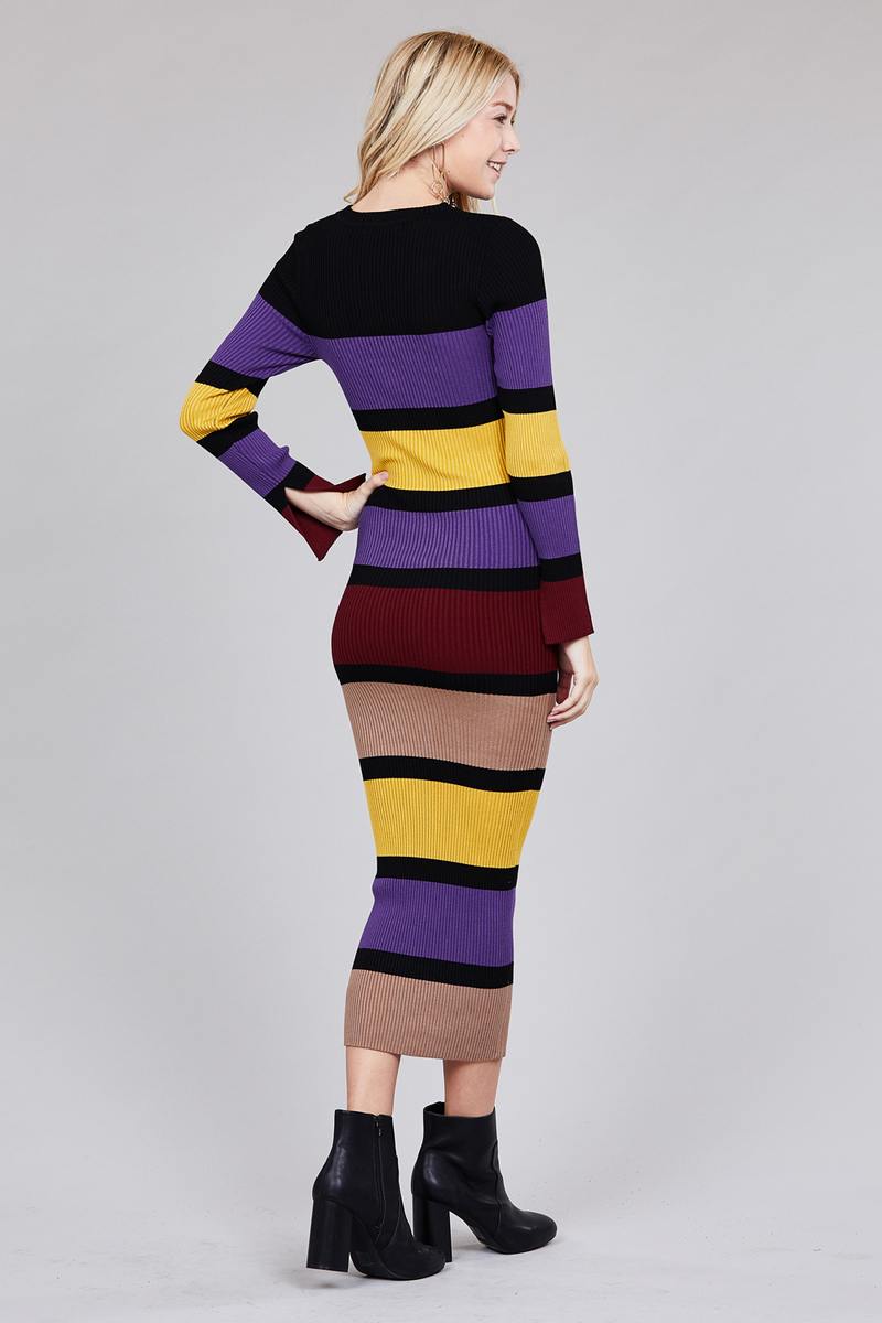 Ladies fashion long sleeve round neck color block long knit dress