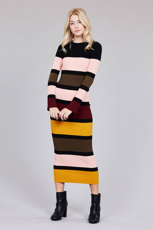 Ladies fashion long sleeve round neck color block long knit dress