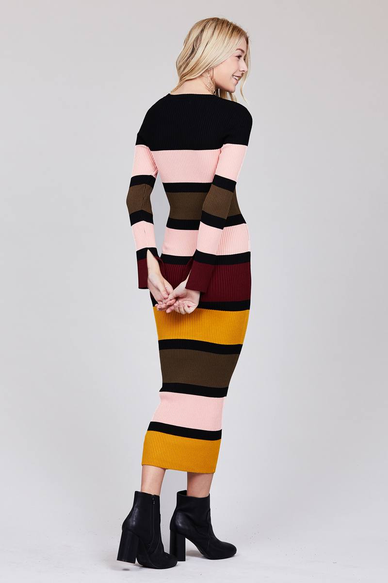 Ladies fashion long sleeve round neck color block long knit dress