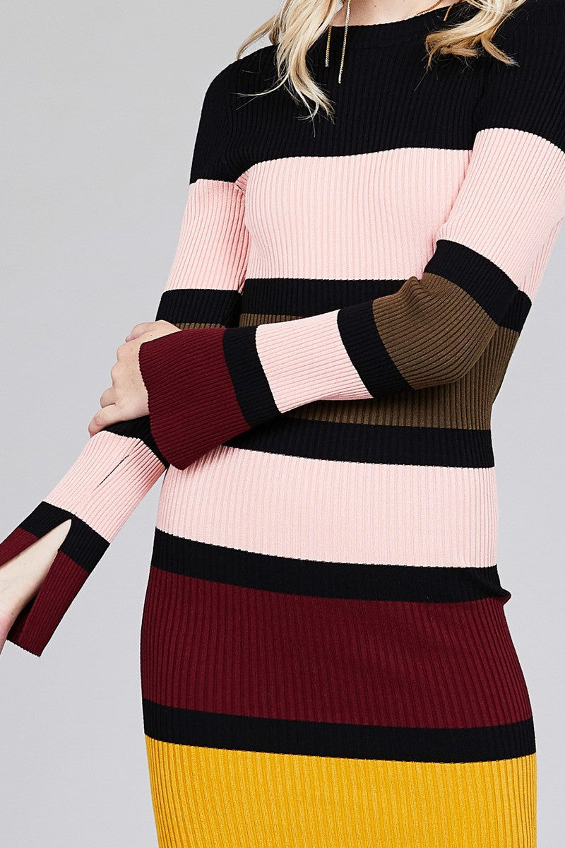 Ladies fashion long sleeve round neck color block long knit dress