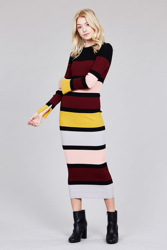 Ladies fashion long sleeve round neck color block long knit dress