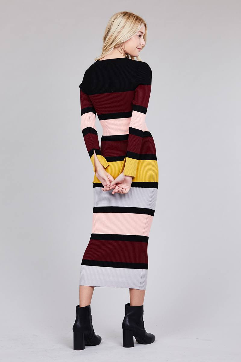 Ladies fashion long sleeve round neck color block long knit dress