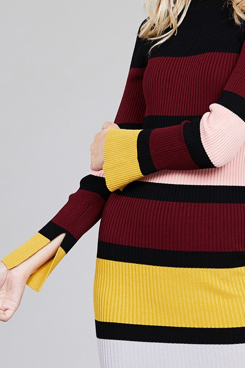 Ladies fashion long sleeve round neck color block long knit dress