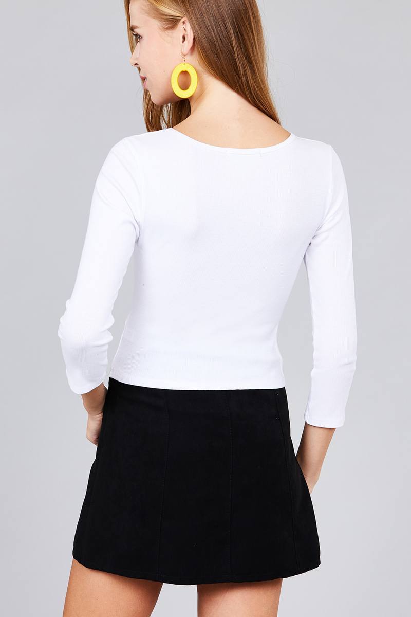Ladies fashion 3/4 sleeve boat neck rib cotton spandex knit crop top
