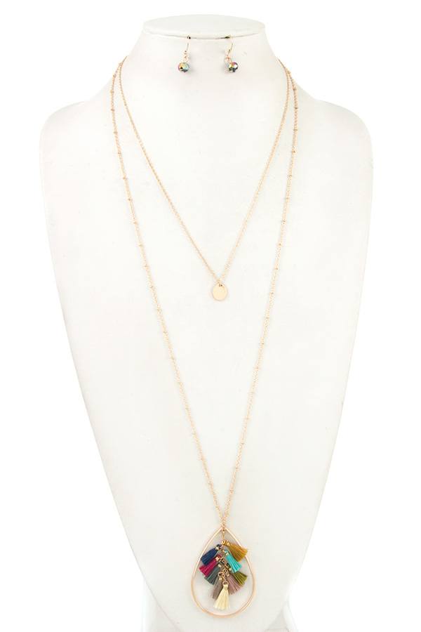 Double row multi tassel teardrop pendant necklace set