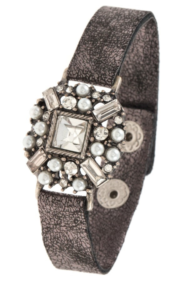 Crystal gem and pearl accent faux crackled leather bracelet