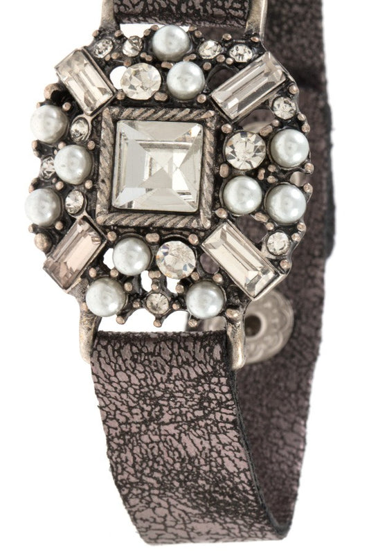 Crystal gem and pearl accent faux crackled leather bracelet