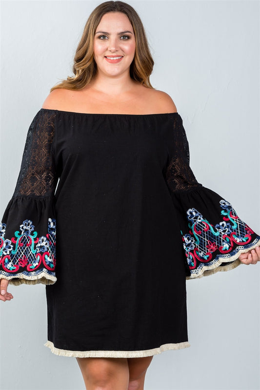 Ladies fashion plus size floral bell sleeve lace panel a-line dress