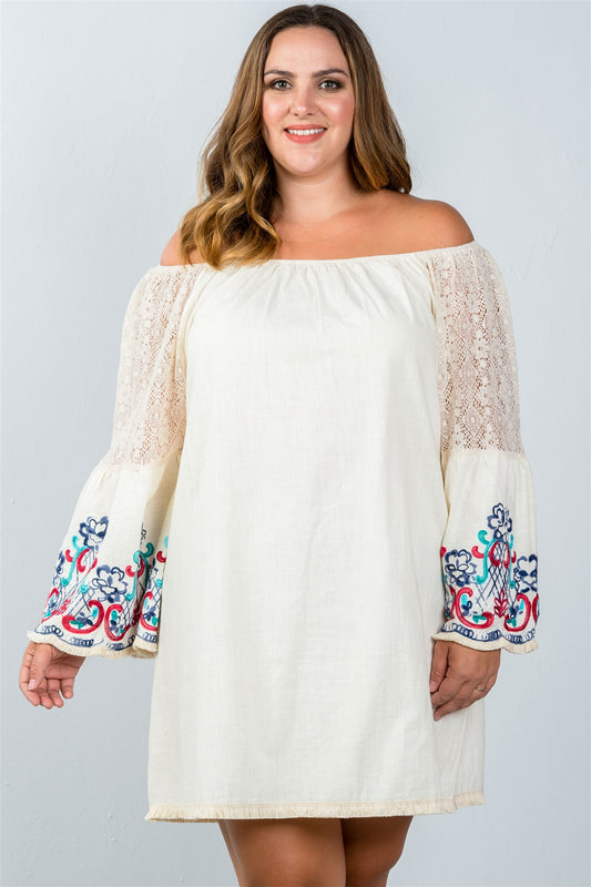 Ladies fashion plus size floral bell sleeve lace panel a-line dress