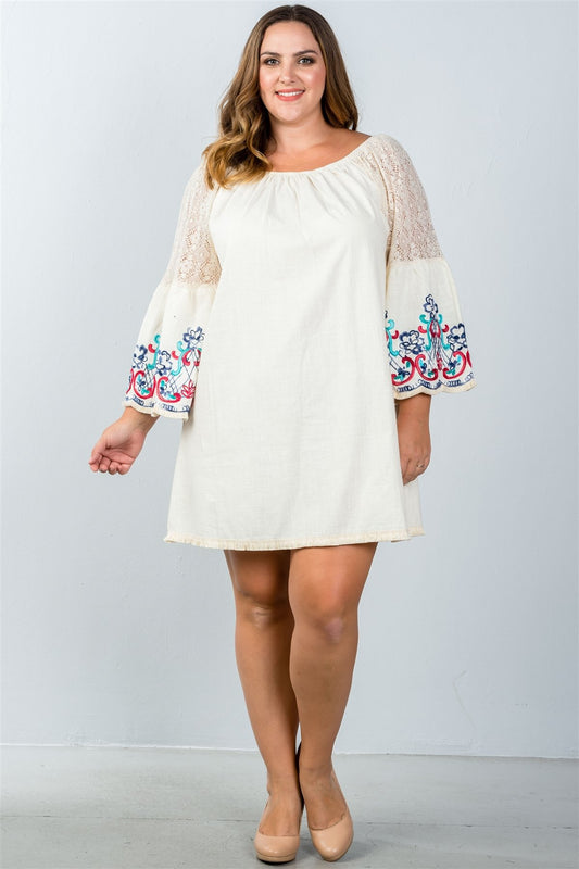 Ladies fashion plus size floral bell sleeve lace panel a-line dress