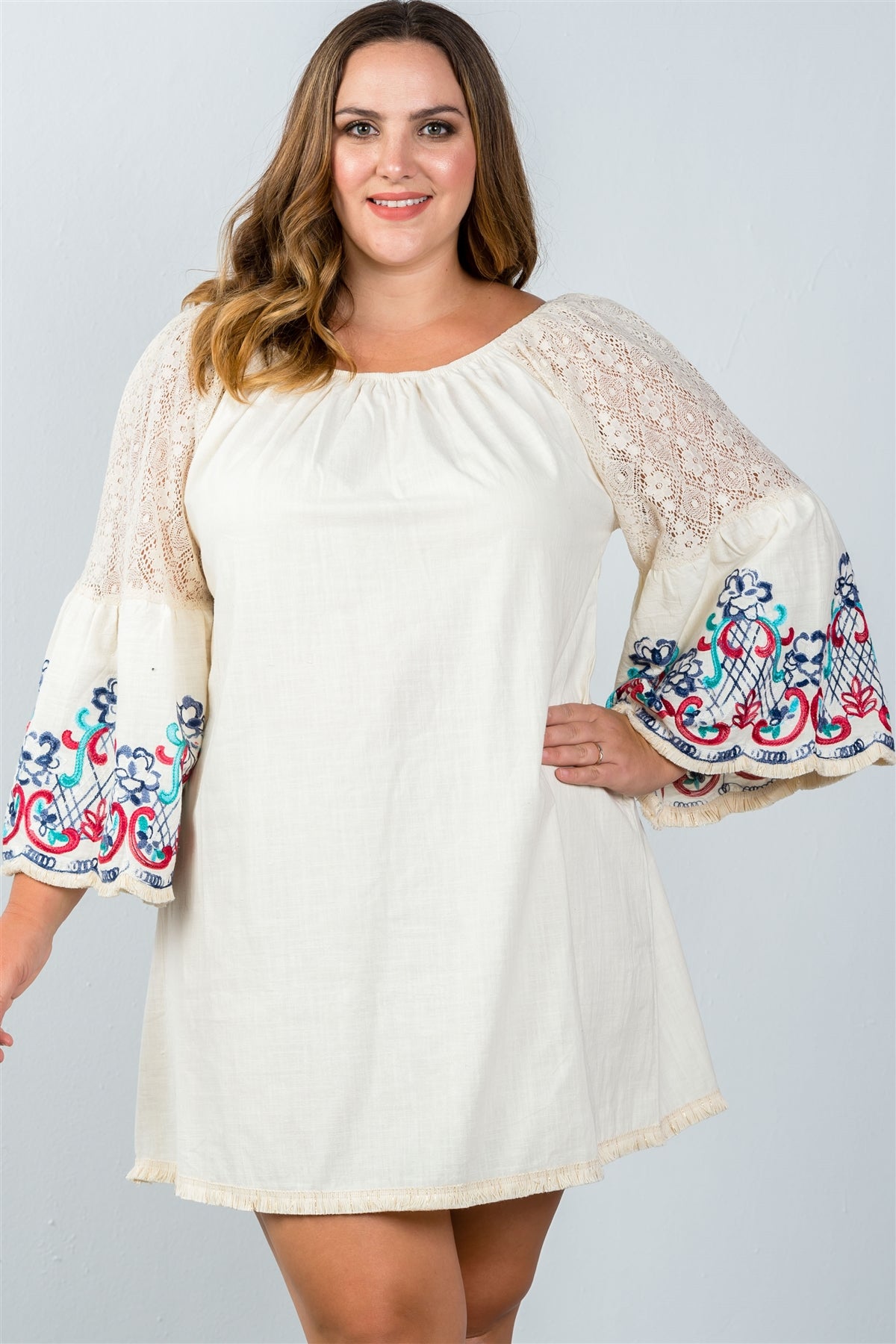 Ladies fashion plus size floral bell sleeve lace panel a-line dress