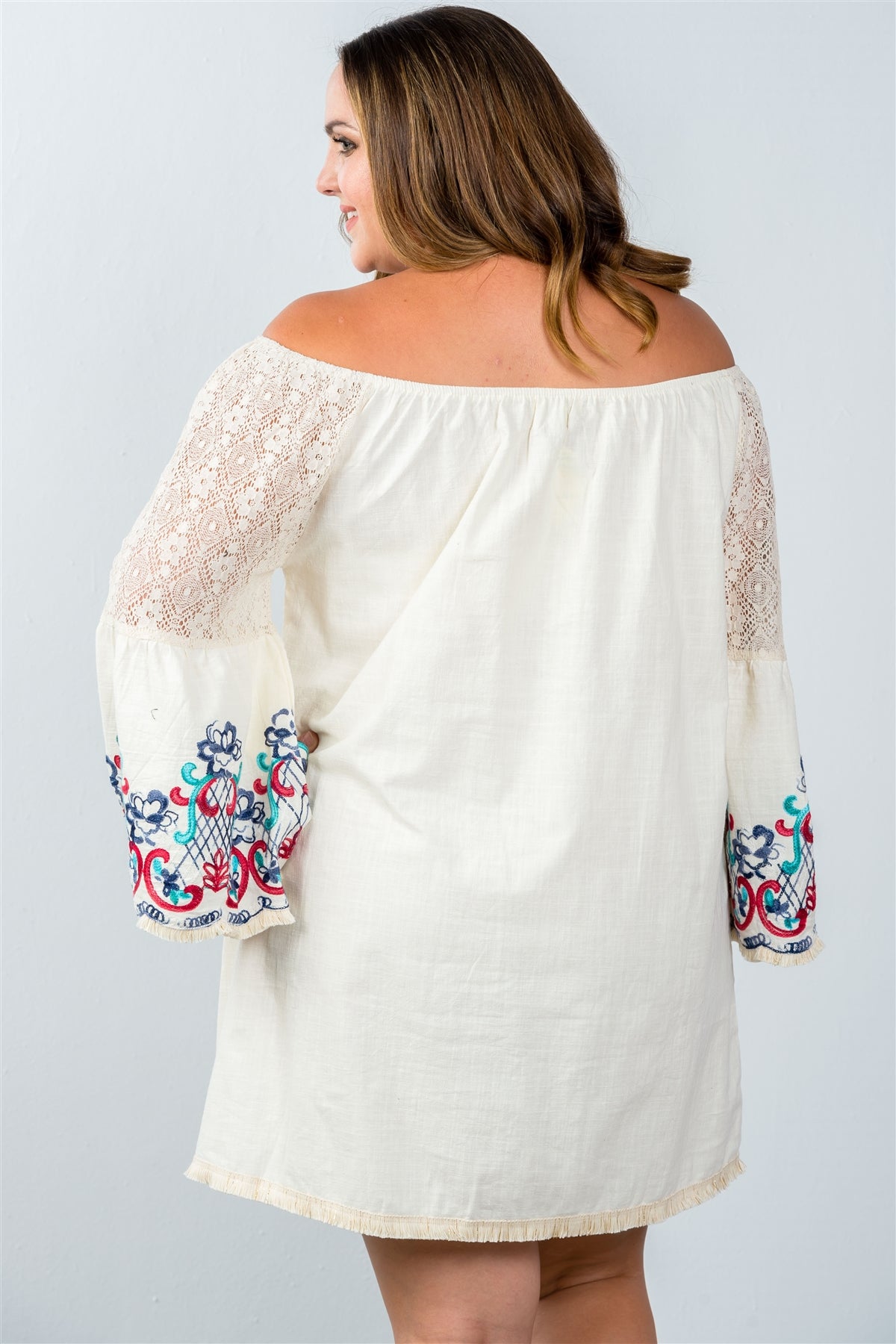 Ladies fashion plus size floral bell sleeve lace panel a-line dress