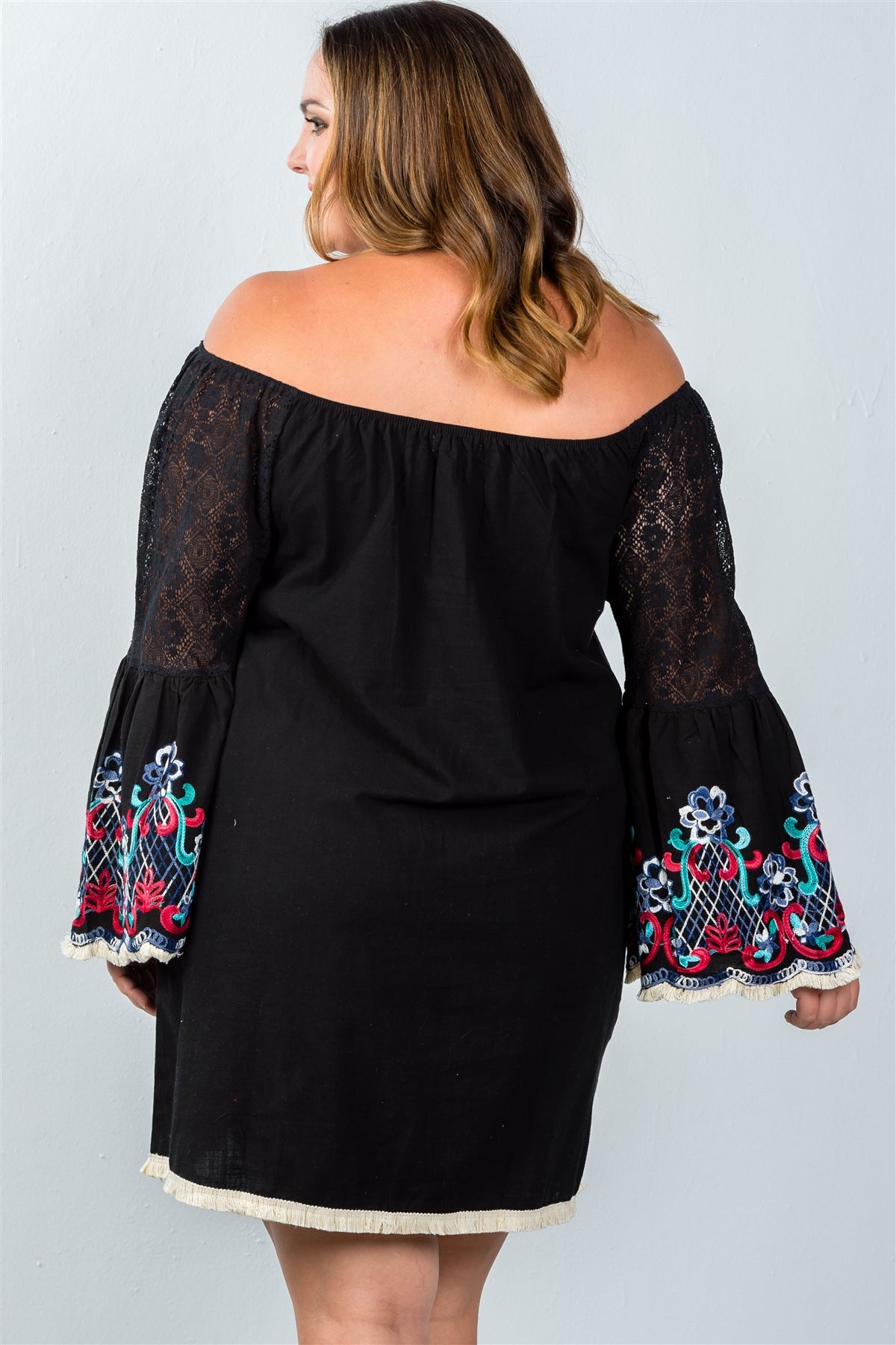 Ladies fashion plus size floral bell sleeve lace panel a-line dress
