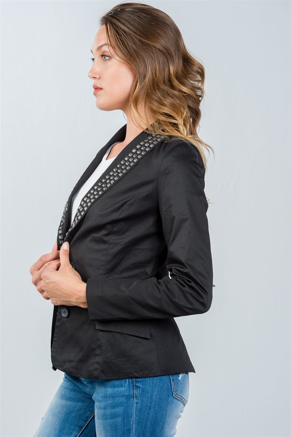 Ladies fashion black studded single-button blazer