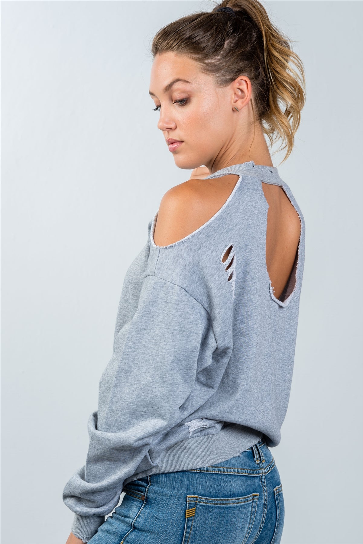 Ladies fashion grey cold shoulder distressed sweatshirt