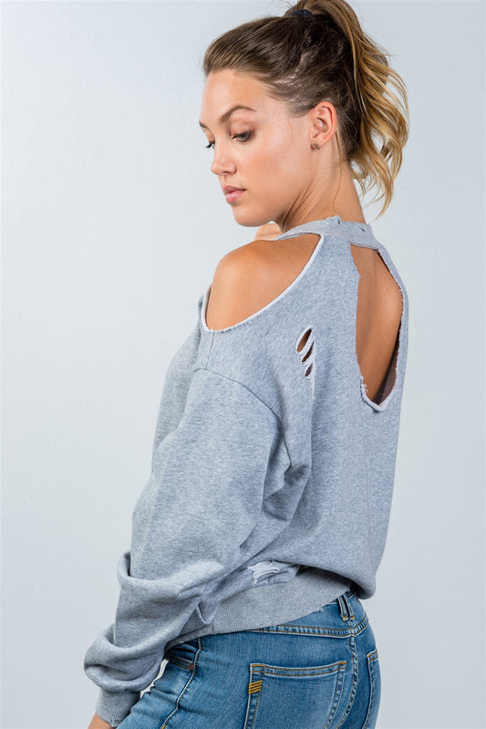 Ladies fashion grey cold shoulder distressed sweatshirt