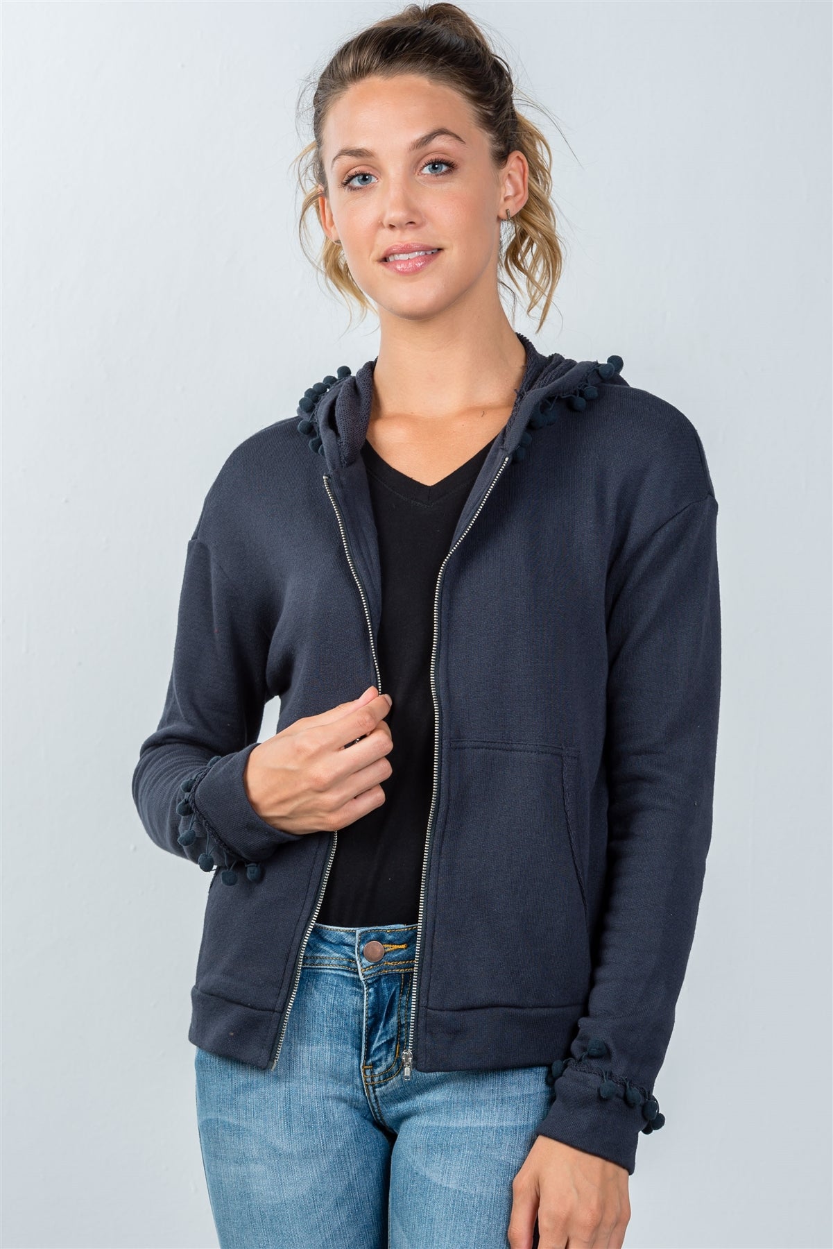 Ladies fashion navy zip up pompom sweater