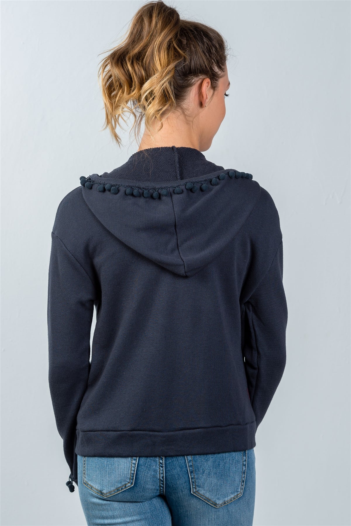 Ladies fashion navy zip up pompom sweater