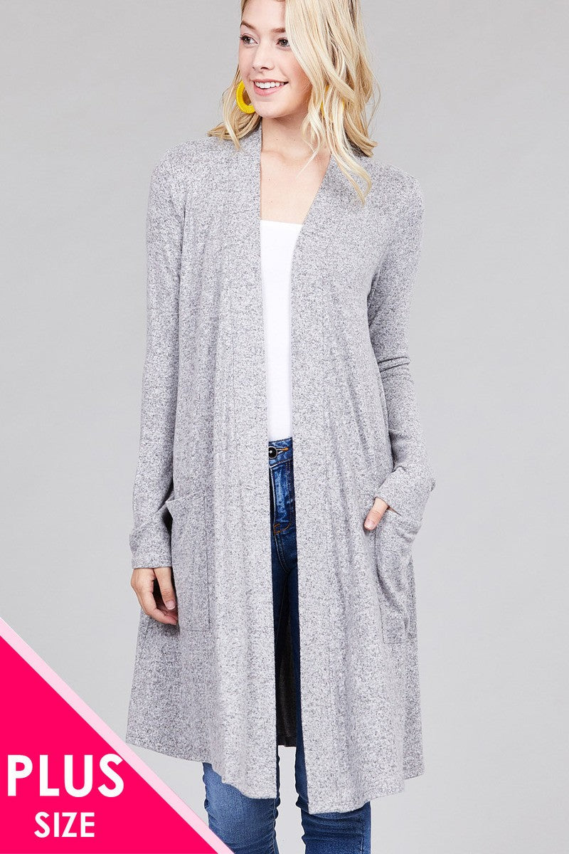 Ladies fashion plus size long sleeve open front w/pocket brushed hacci cardigan