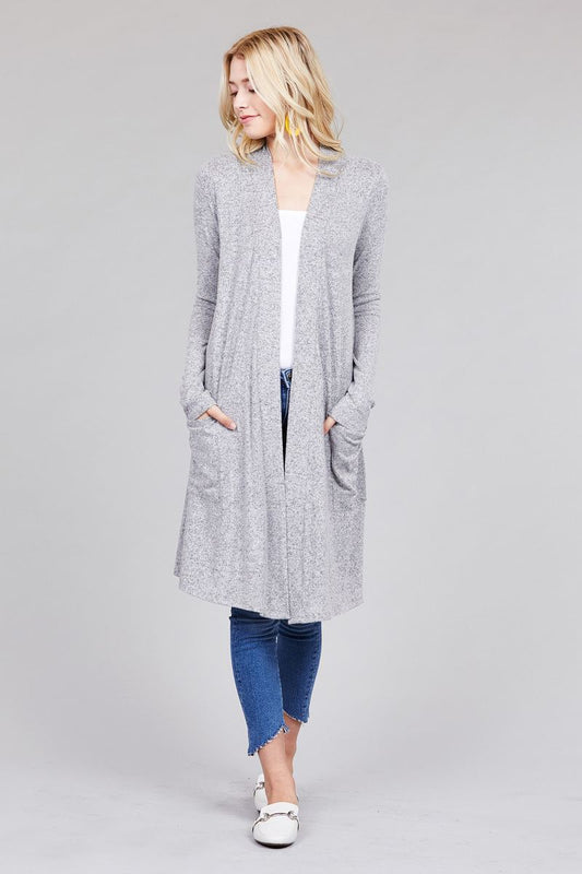 Ladies fashion plus size long sleeve open front w/pocket brushed hacci cardigan