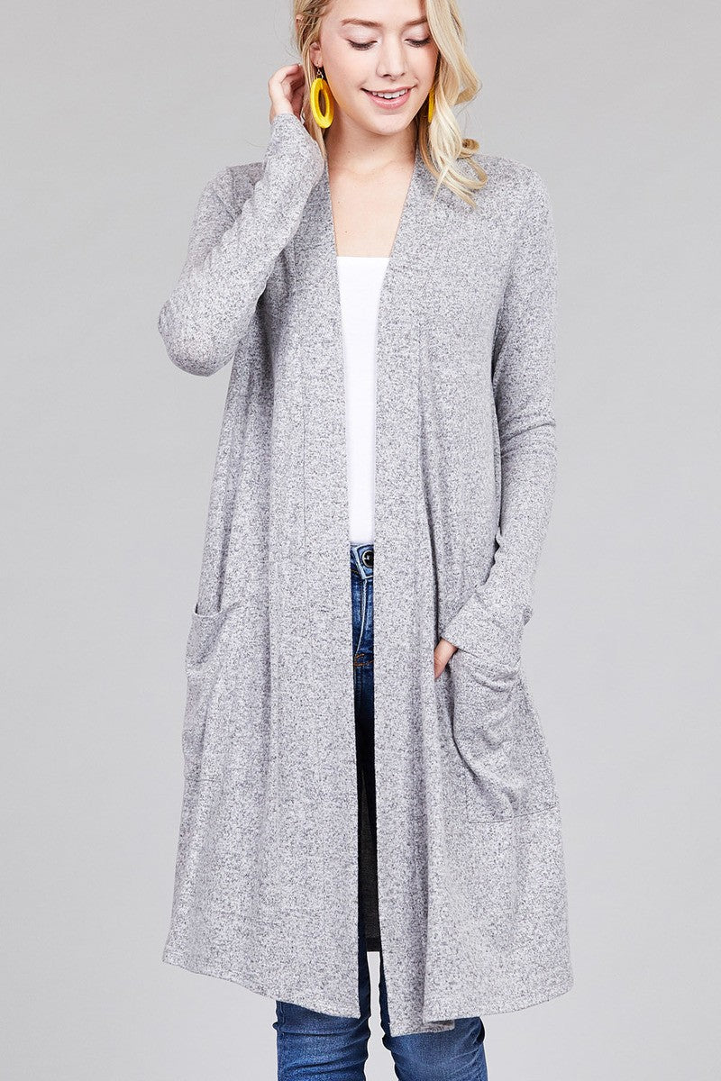 Ladies fashion plus size long sleeve open front w/pocket brushed hacci cardigan