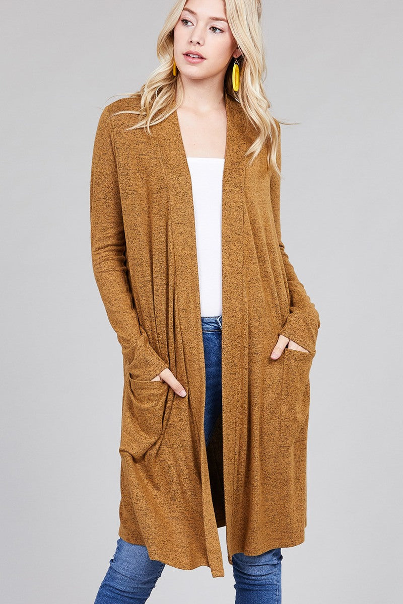 Ladies fashion long sleeve open front w/pocket brushed hacci cardigan
