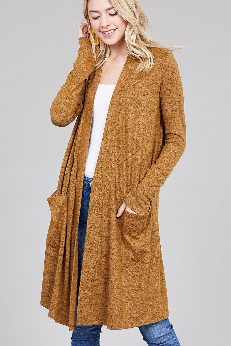 Ladies fashion long sleeve open front w/pocket brushed hacci cardigan