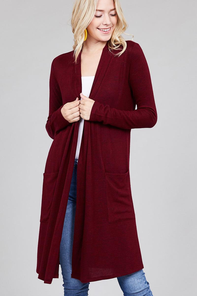 Ladies fashion long sleeve open front w/pocket brushed hacci cardigan