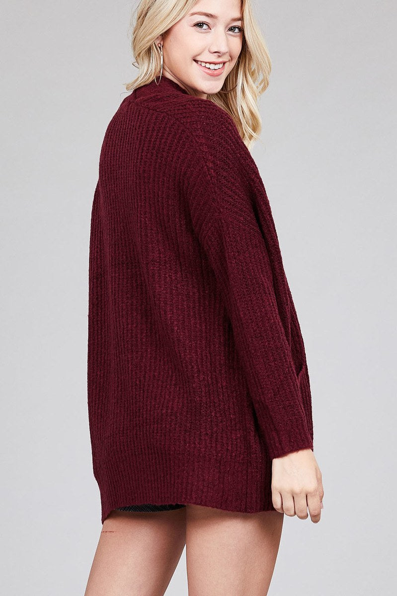 Ladies fashion dolmen sleeve open front surplice back construction sweater cardigan
