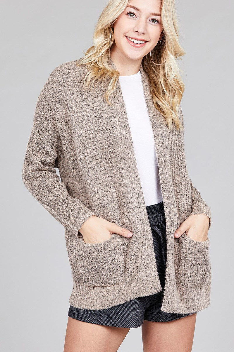 Ladies fashion dolmen sleeve open front surplice back construction sweater cardigan