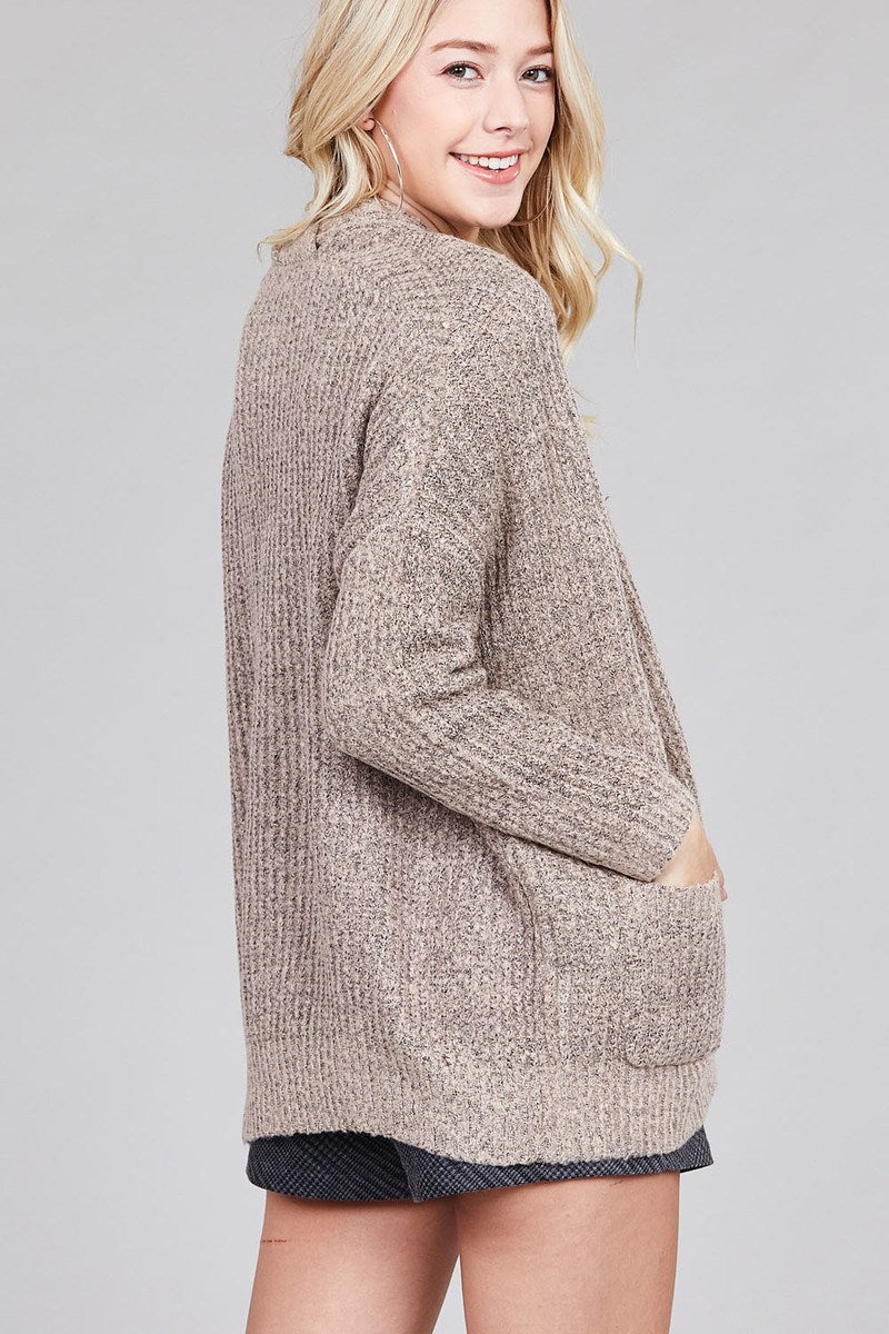 Ladies fashion dolmen sleeve open front surplice back construction sweater cardigan