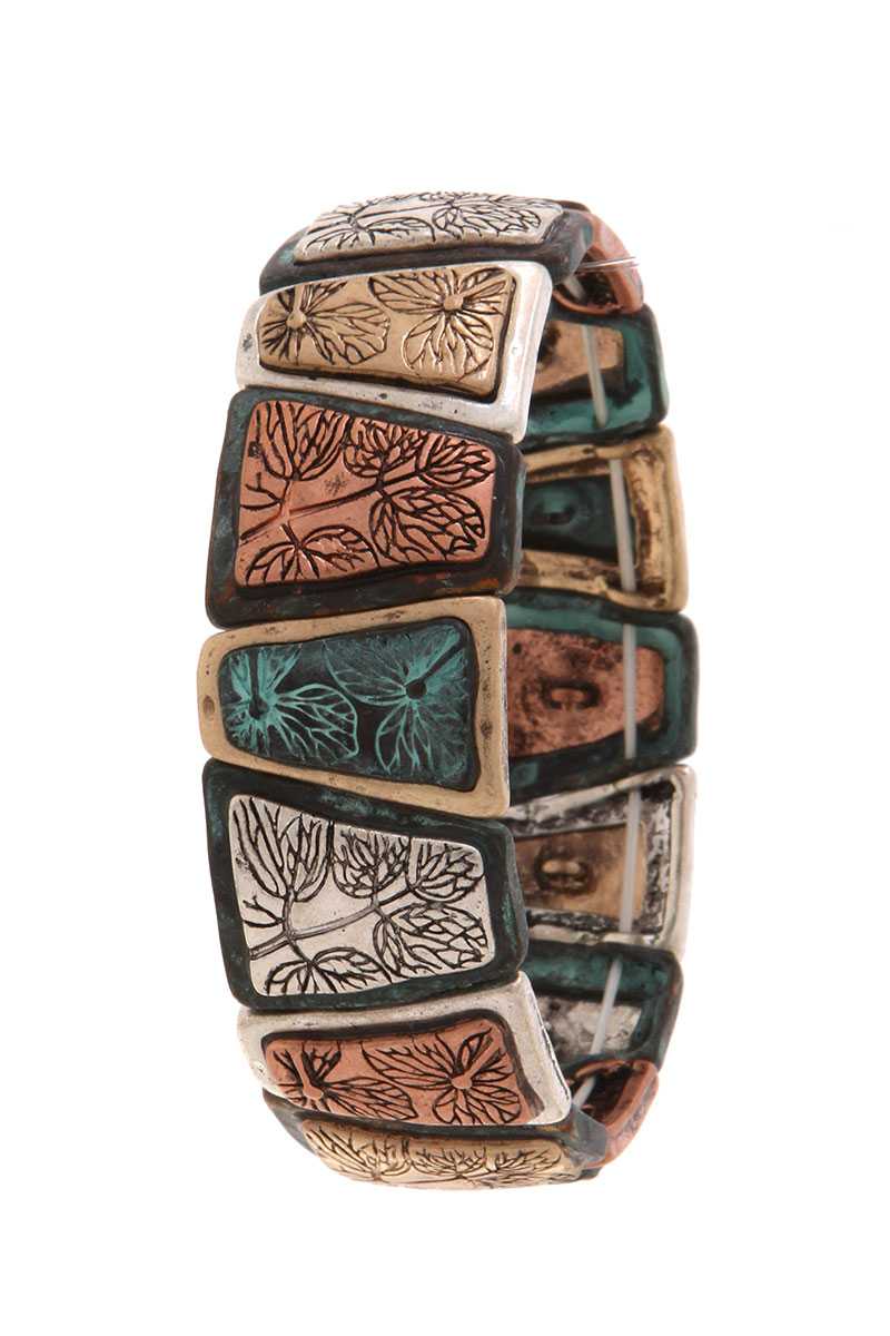 Floral engrave patina stretch bracelet