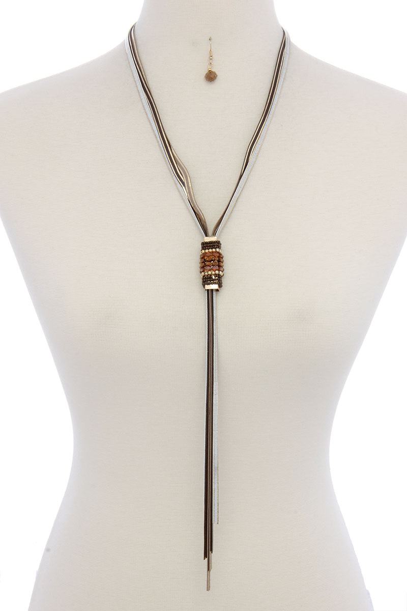 Multi colored snake chain beaded metal knot y shape necklace