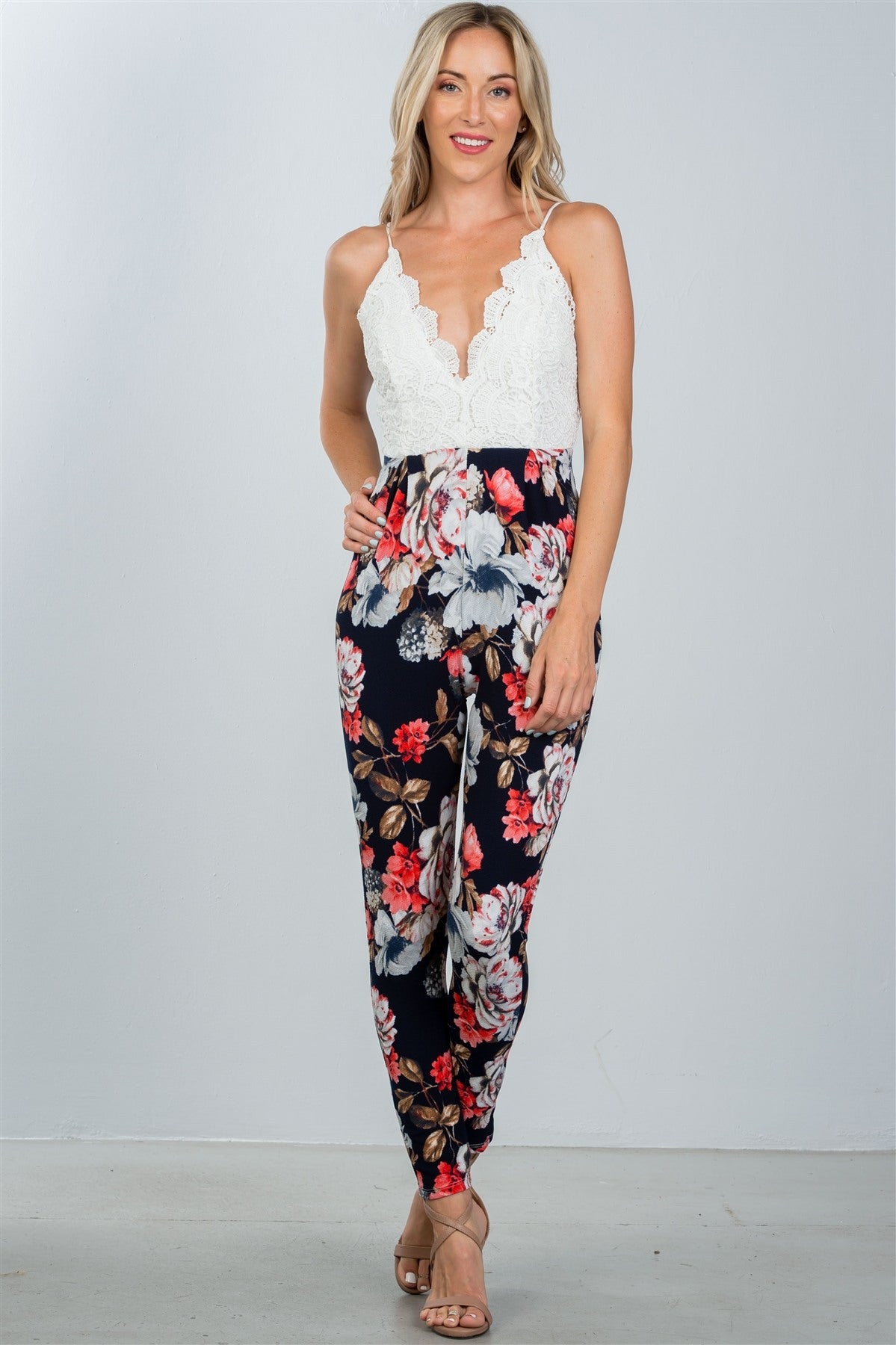 Ladies fashion black and floral print sleeveless jumpsuit