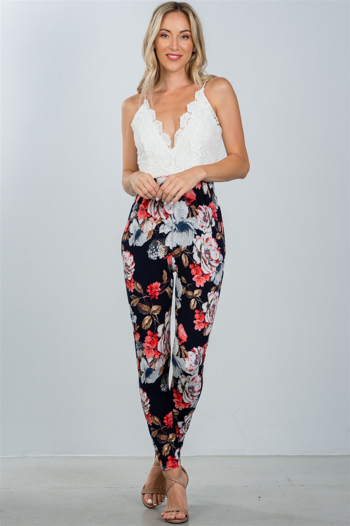 Ladies fashion black and floral print sleeveless jumpsuit