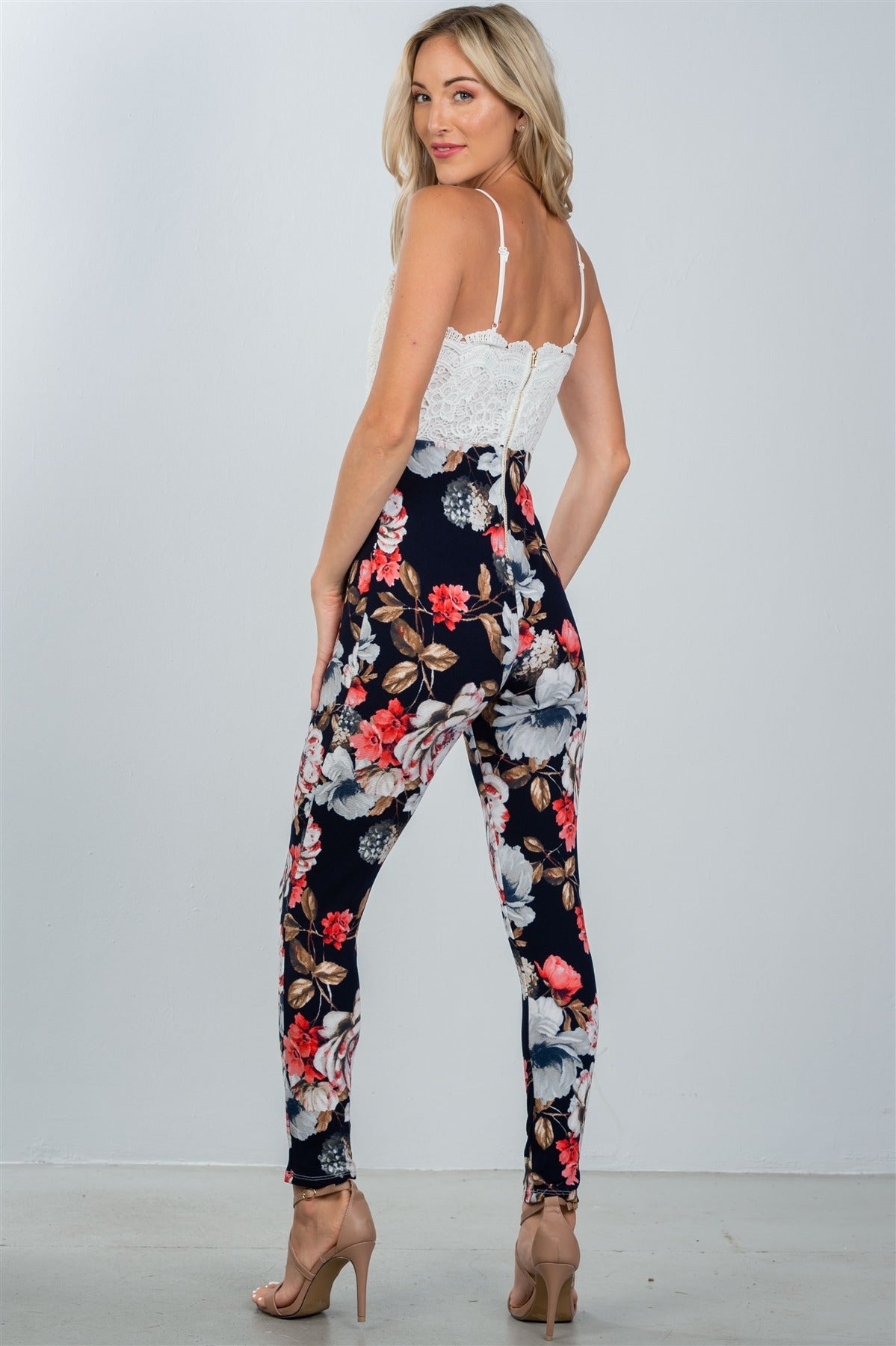 Ladies fashion black and floral print sleeveless jumpsuit